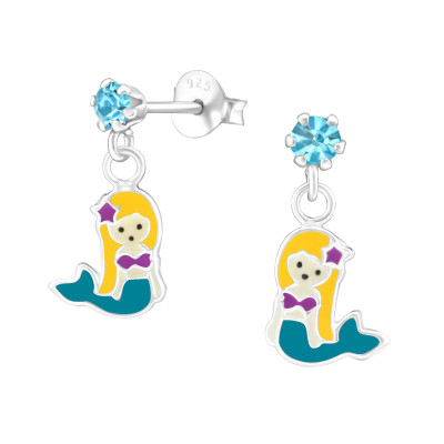 Children's Silver Ear Studs with Hanging Epoxy Mermaids and Crystal