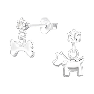 Children's Silver Hanging Bone and Dog Ear Studs with Crystal