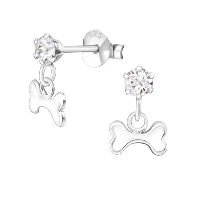 Children's Silver Ear Studs with Hanging Bone and Genuine European Crystals