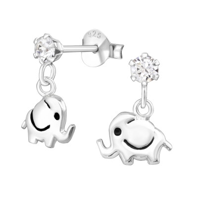 Children's Silver Ear Studs with Hanging Elephant and Genuine European Crystals