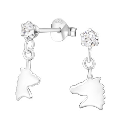 Children's Silver Ear Studs with Hanging Unicorn and Genuine European Crystals