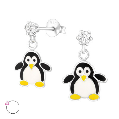 Children's Silver Ear Studs with Hanging Epoxy Penguin and Genuine European Crystals