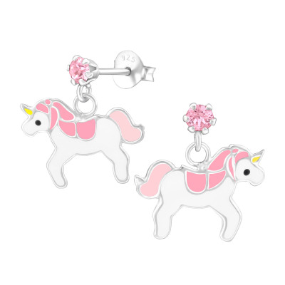 Children's Silver Ear Studs with Hanging Epoxy Unicorn and Genuine European Crystals