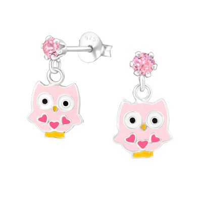 Children's Silver Ear Studs with Hanging Epoxy Owl and Genuine European Crystals