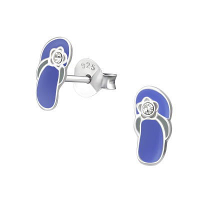 Children's Silver Sandal Ear Studs with Crystal and Epoxy