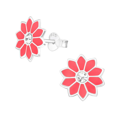 Children's Silver Flower Ear Studs with Crystal and Epoxy