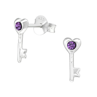 Children's Silver Key Ear Studs with Crystal