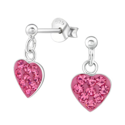 Children's Silver Ball Ear Studs Hanging Heart with Crystal