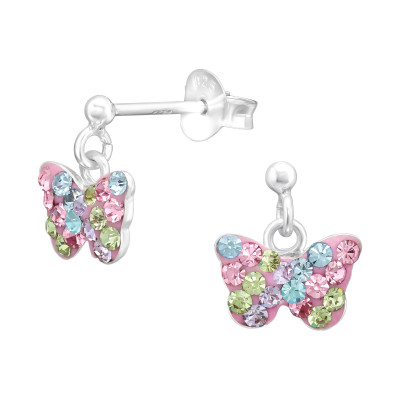 Children's Silver Butterfly Ear Studs with Crystal