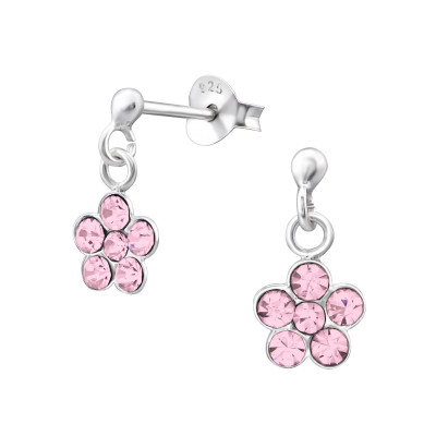 Children's Silver Ball Ear Studs with Hanging Flower and Crystal