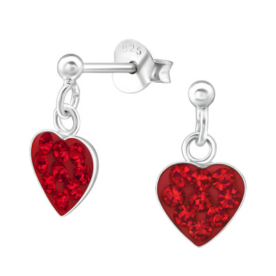 Silver Ball Ear Studs with Hanging Heart and Crystal