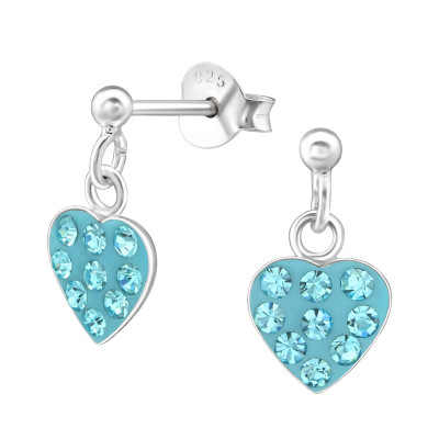 Children's Silver Ball Ear Studs with Hanging Heart and Crystal