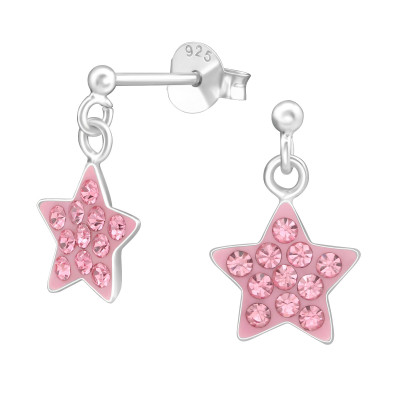 Children's Silver Ball Ear Studs with Hanging Star and Crystal