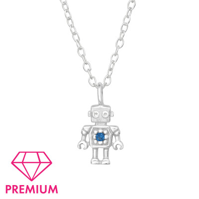 Children's Silver Robot Necklace with Cubic Zirconia