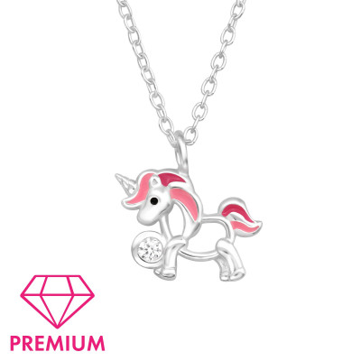 Children's Silver Unicorn Necklace with Cubic Zirconia and Epoxy