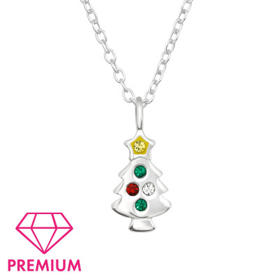 Children's Silver Christmas Tree Necklace with Crystal and Epoxy