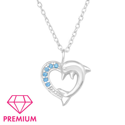 Children's Silver Dolphin and Heart Necklace with Cubic Zirconia