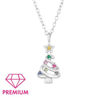 Christmas Tree Children's Sterling Silver Necklace with Cubic Zirconia