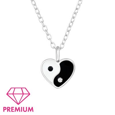 Yin Yang Heart Children's Sterling Silver Necklace with Crystal and Epoxy