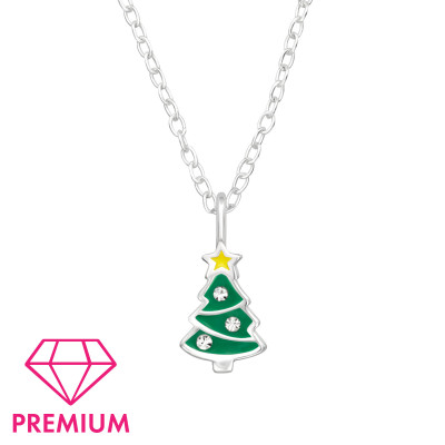 Children's Silver Christmas Tree Necklace with Crystal and Epoxy