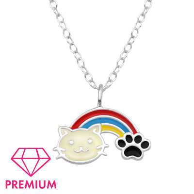 Rainbow Cat Children's Sterling Silver Necklace with Epoxy