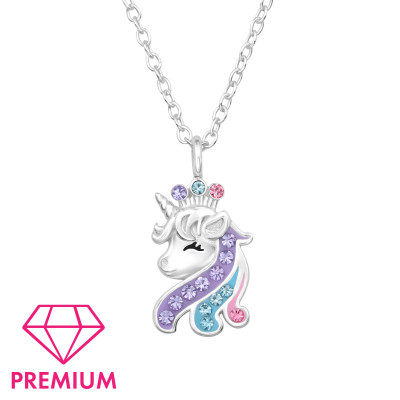 Unicorn Children's Sterling Silver Necklace with Crystal and Epoxy