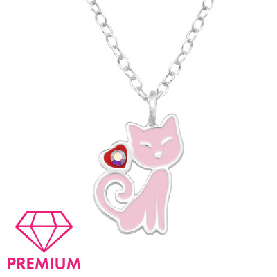 Cat Children's Sterling Silver Necklace with Crystal and Epoxy