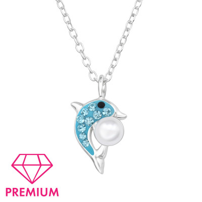 Dolphin Children's Sterling Silver Necklace with Synthetic Pearl and Crystal