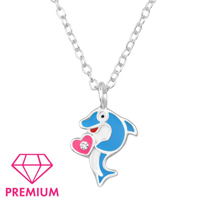 Dolphin with Heart Children's Sterling Silver Necklace with Crystal and Epoxy