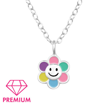 Flower Smiley Children's Sterling Silver Necklace with Epoxy