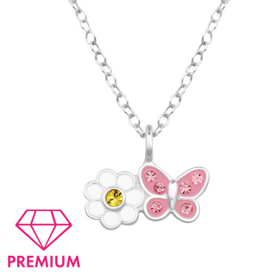 Daisy Flower with Butterfly Children's Sterling Silver Necklace with Crystal and Epoxy