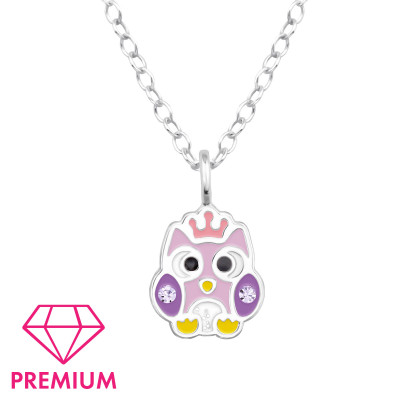 Owl Children's Sterling Silver Necklace with Crystal and Epoxy