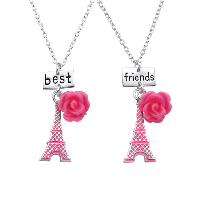 Children's Silver Eiffel Towers and Flowers and Best Friends Necklace with Epoxy and  Plastic