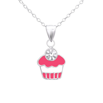 Children's Silver Cupcake Necklace with Crystal and Epoxy