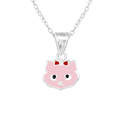 Children's Silver Cat Necklace with Epoxy