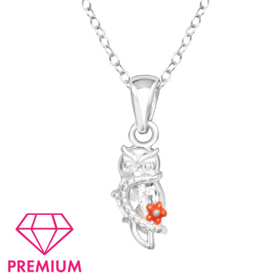 Children's Silver Owl Necklace with Cubic Zirconia and Epoxy