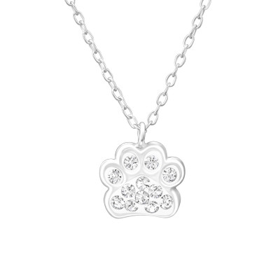 Children's Silver Paw Print Necklace with Genuine European Crystals