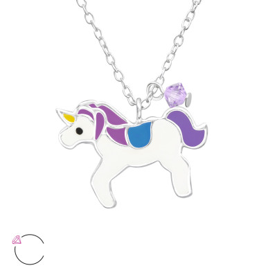 Children's Silver Unicorn Necklace with Epoxy and Genuine European Crystals