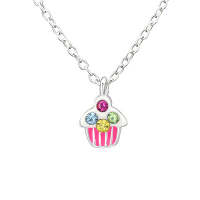 Children's Silver Cake Necklace with Crystal and Epoxy