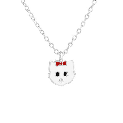 Children's Silver Cat Necklace with Epoxy