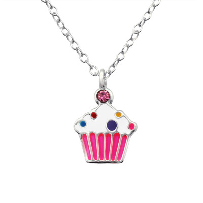 Children's Silver Cupcake Necklace with Crystal and Epoxy