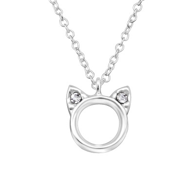 Children's Silver Cat Necklace with Crystal