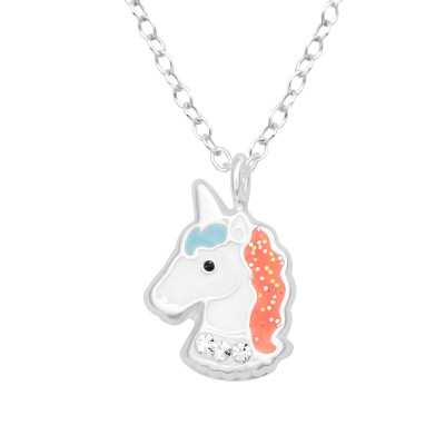 Children's Silver Unicorn Necklace with Crystal and Epoxy