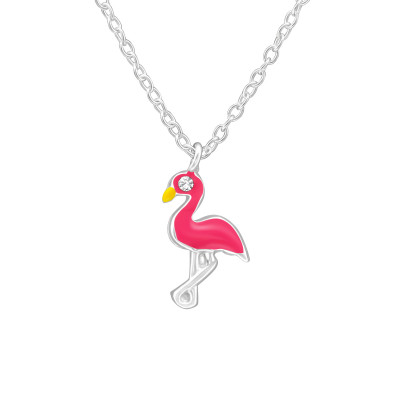 Children's Silver Flamingo Necklace with Crystal and Epoxy