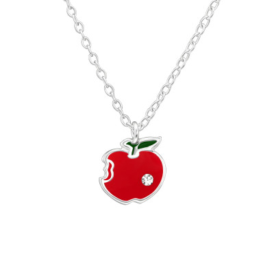 Children's Silver Apple Necklace with Crystal and Epoxy