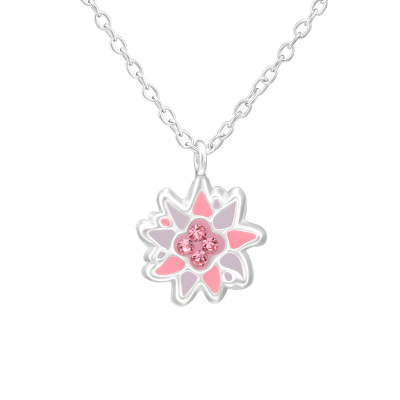 Children's Silver Flower Necklace with Crystal and Epoxy