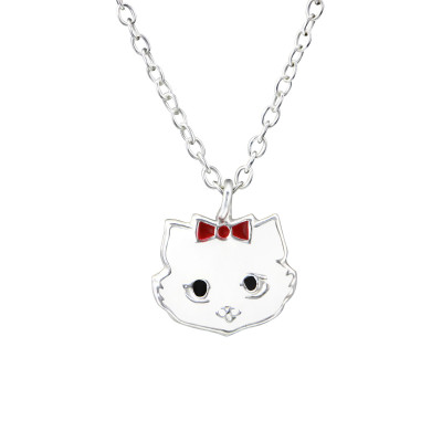 Children's Silver Cat Necklace with Epoxy