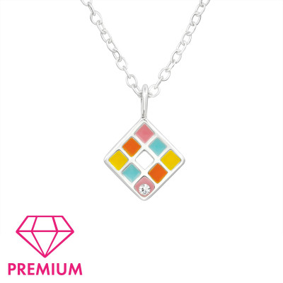 Premium Children's Silver Geometric Necklace with Crystal and Epoxy