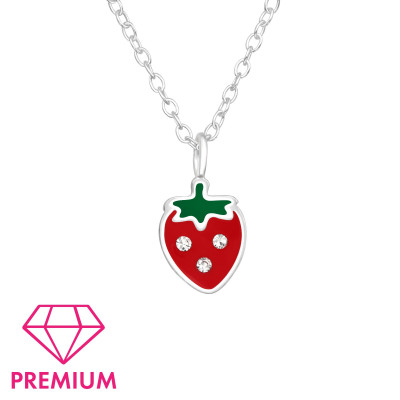 Children's Silver Strawberry Necklace with Crystal and Epoxy