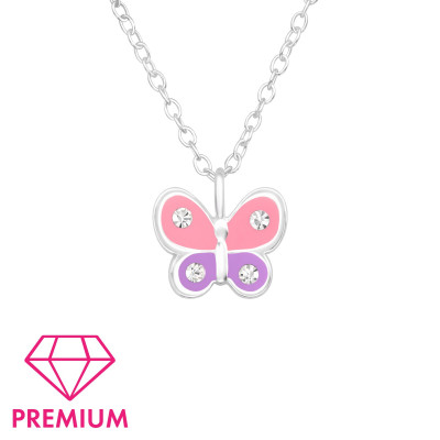 Children's Silver Butterfly Necklace with Crystal and Epoxy